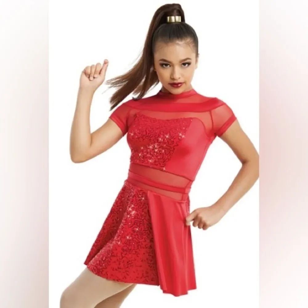 WEISSMAN Dance Costume red sequin mesh dress PLAY THAT SAX 11075 -Adult SA